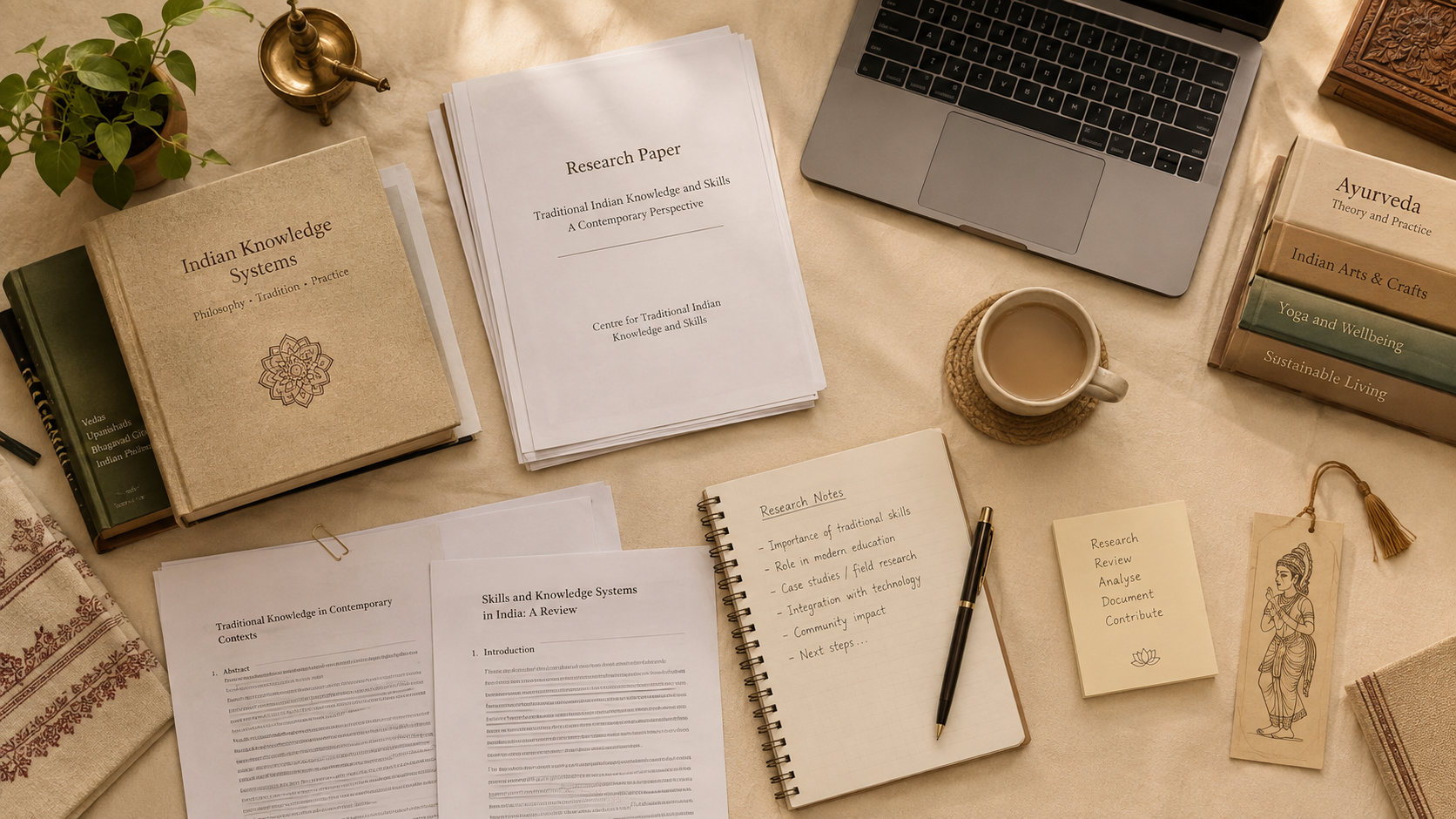 Research notebooks and a laptop on a desk